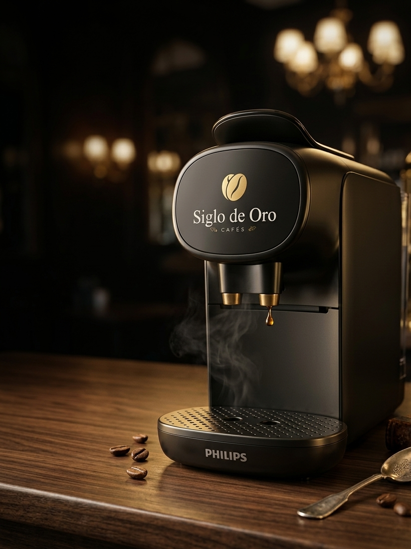 Máquina de cápsulas Siglo de Oro en cocina doméstica café de mañana
